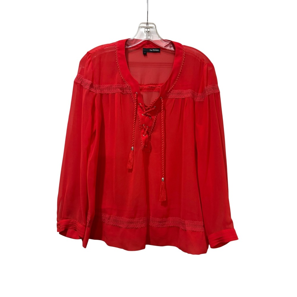 The Kooples Red Lace Up Tassel Blouse Sheer Crochet Trim Top FTOP1277 Small